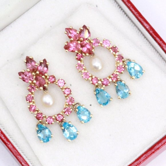 14K Gold Synthetic Tourmaline Topaz Pearl Chandelier Earrings - Picture 7 of 10